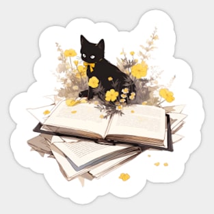 Black Cat on Books Bookish Cat Floral, Cats Flower Wildflower, Book Planner Aesthetic Sticker